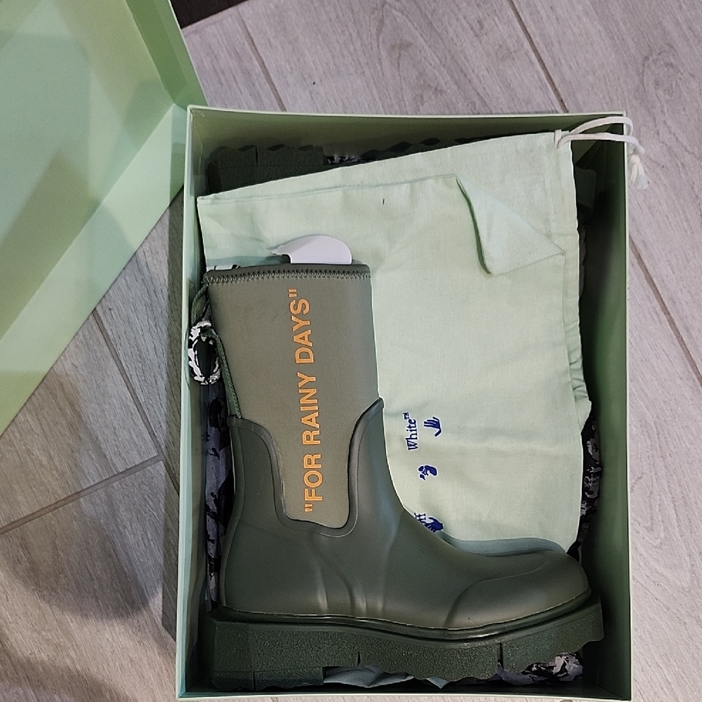 Off-White Olive Green Rain Boots with Yellow Text